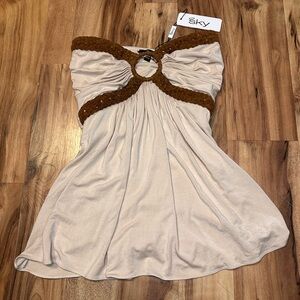 Y2K SKY Strapless Babydoll Top XS Cream Brown Ring Detail NWT Made USA